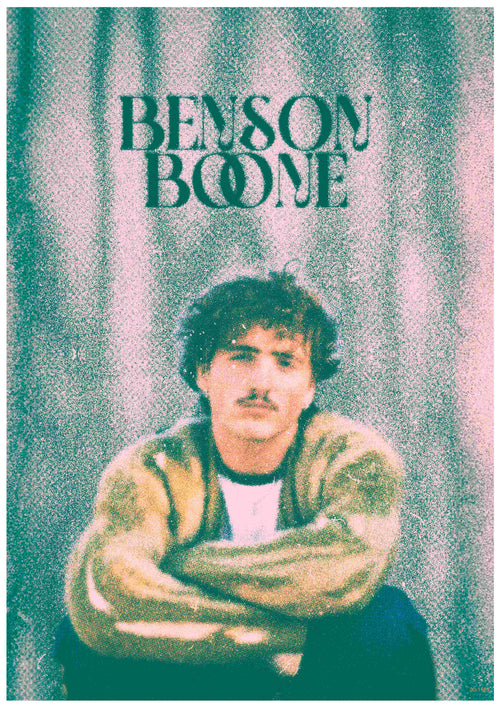 This stylized Benson Boone music poster by Blue Dog Posters features a man with wavy hair and mustache, arms crossed in a jacket, under bold lettering. The grainy background with blurred lines is ideal for A3 posters or satin paper prints.