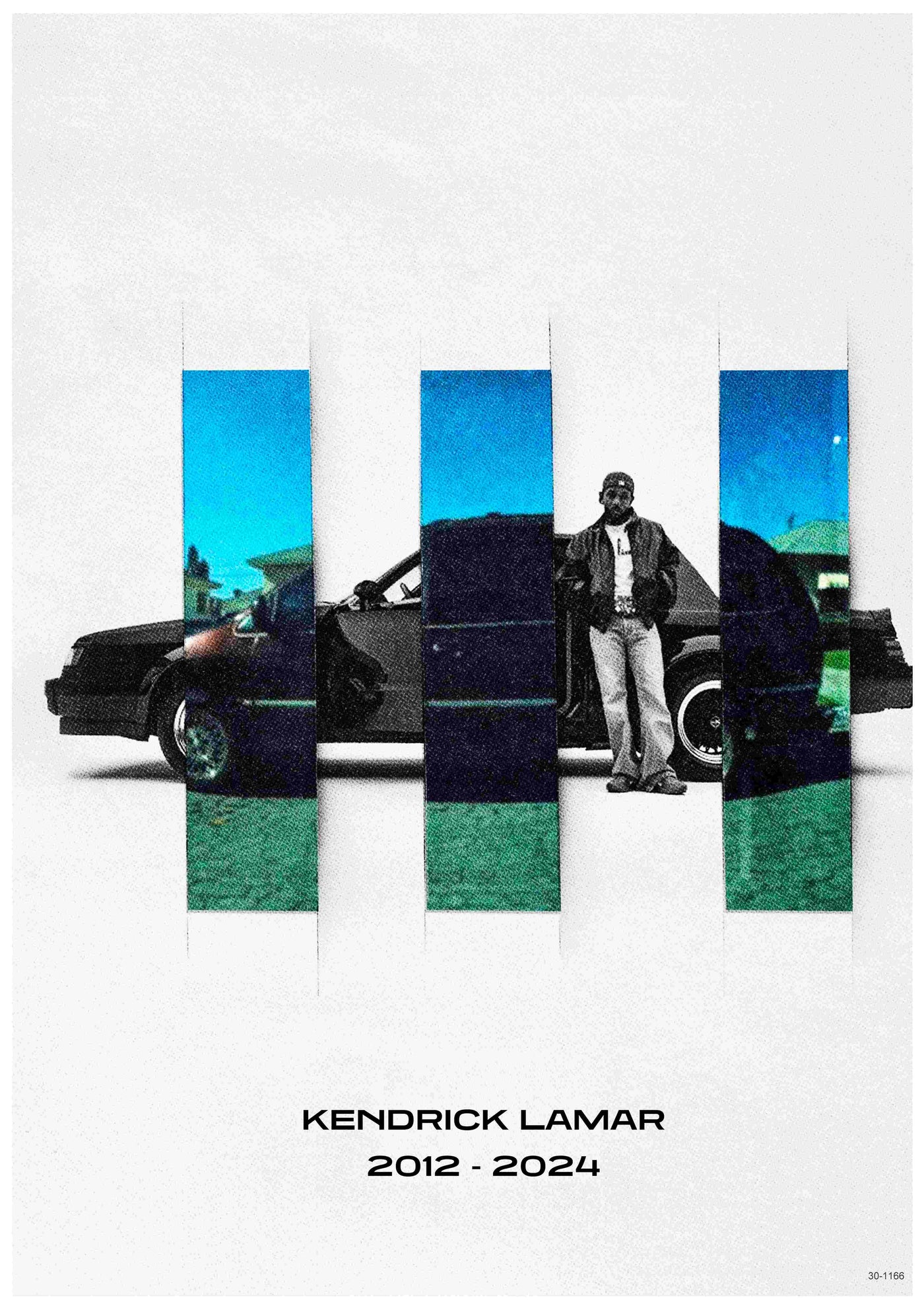 A man beside a black car is seen through four blue strips on white. Below: "Kendrick Lamar 2012-2024." Printed on premium satin paper by Blue Dog Posters, it's perfect for A3 music poster collectors.