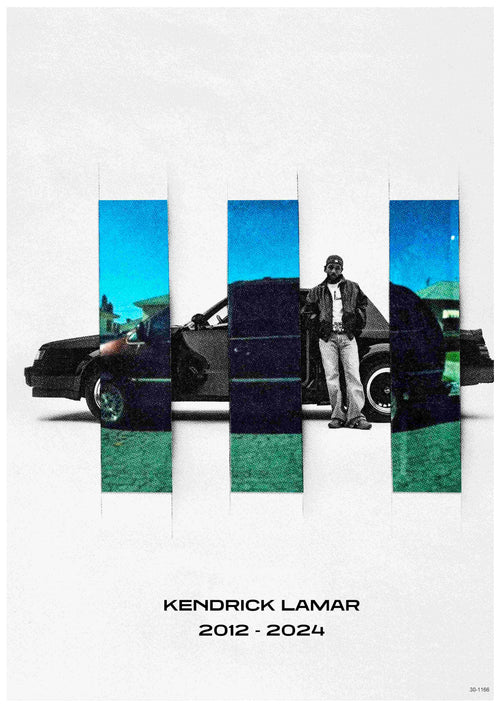 A man beside a black car is seen through four blue strips on white. Below: "Kendrick Lamar 2012-2024." Printed on premium satin paper by Blue Dog Posters, it's perfect for A3 music poster collectors.