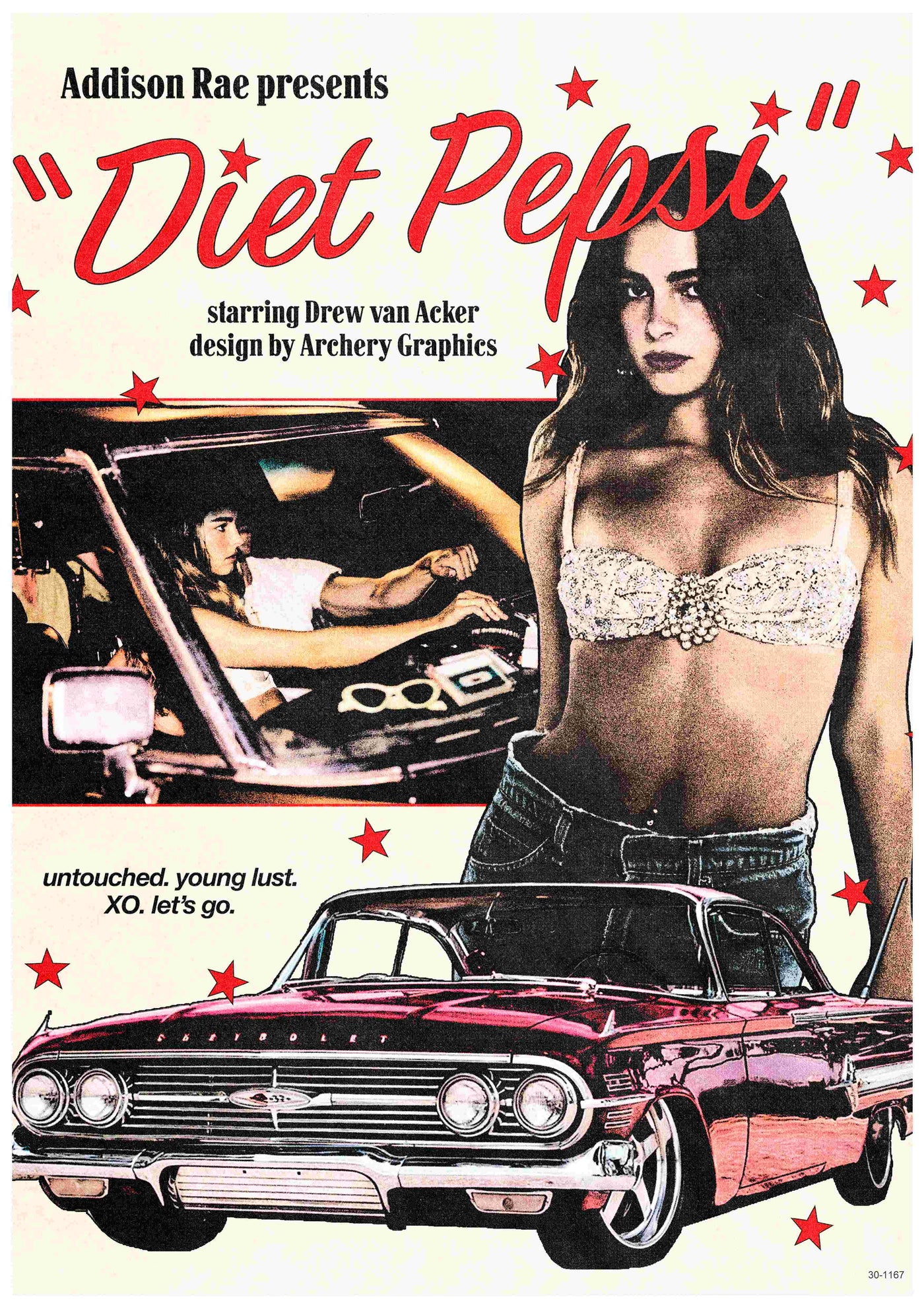 A retro-style "Addison Rae" music poster by Blue Dog Posters features a woman in lace, a man in a classic car, and red stars. Printed on Satin Paper, A3 size. Design by Archery Graphics. Untouched—young lust vibes. XO, let's go!.