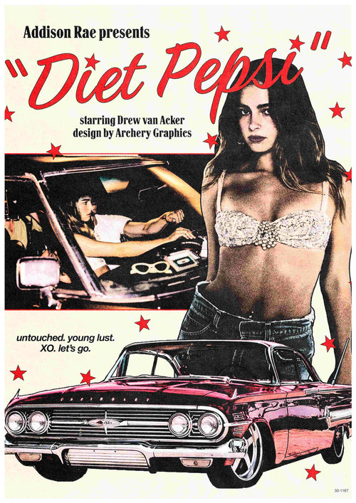 A retro-style "Addison Rae" music poster by Blue Dog Posters features a woman in lace, a man in a classic car, and red stars. Printed on Satin Paper, A3 size. Design by Archery Graphics. Untouched—young lust vibes. XO, let's go!.
