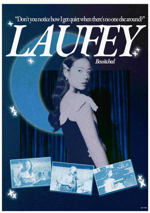 The Laufey vintage-style A3 music poster by Blue Dog Posters features a woman in a black dress, crescent moon, stars, and lyrics on Satin Paper: "Don't you notice how I get quiet when there's no one else around?", "LAUFEY," and "Bewitched.