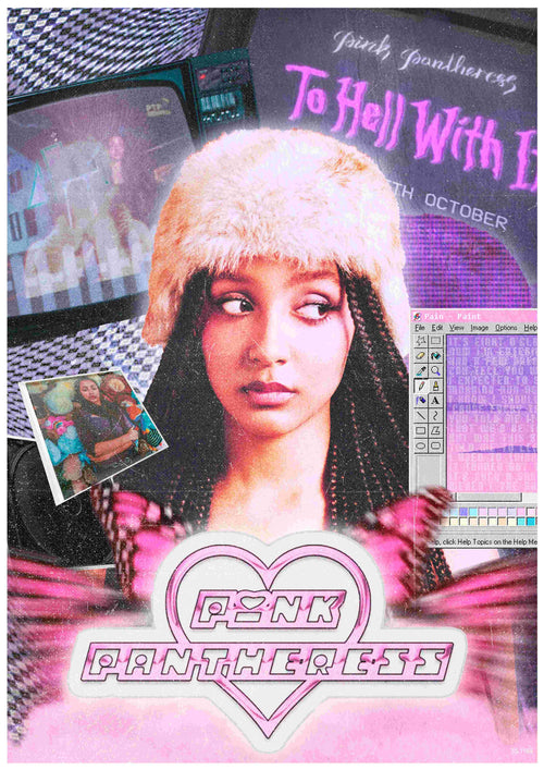 A collage-style music poster by Blue Dog Posters features Pink Pantheress in a furry hat with retro computer graphics, a blurred TV screen, and a Polaroid photo. “Pink Pantheress” is written in a heart shape at the bottom on satin paper.