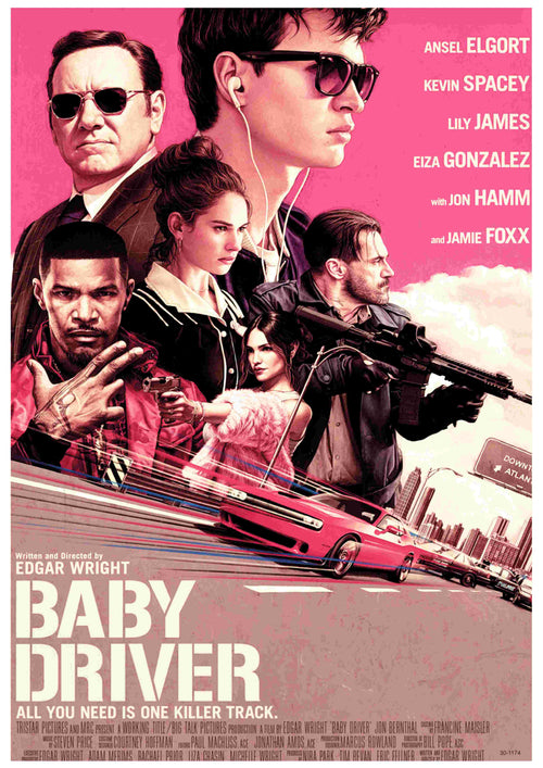 A3's "Baby Driver" movie poster showcases illustrated main cast portraits above a red car racing down a road, with gunfire and a cityscape behind. Features film title, credits, and cast details.