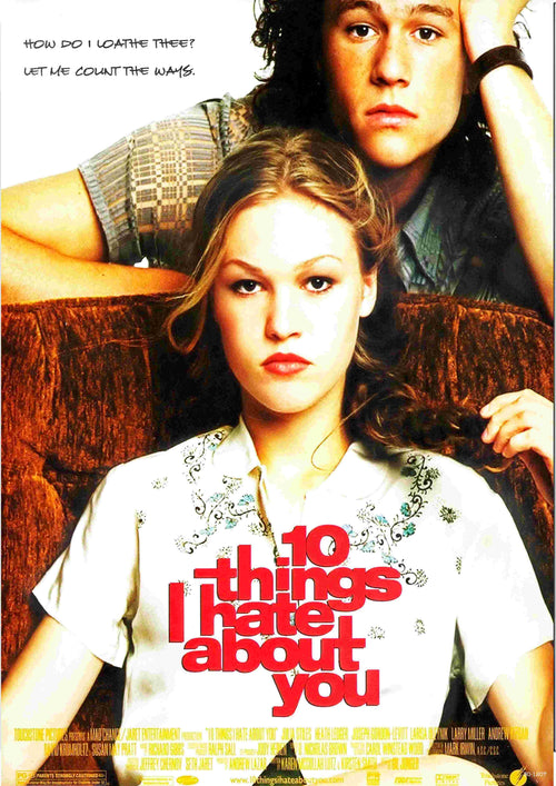 A3 Mini Poster for "10 Things I Hate About You," showing a young woman seated before a young man, both looking at the camera with the bold red title below. A great addition to any Mini Posters collection.