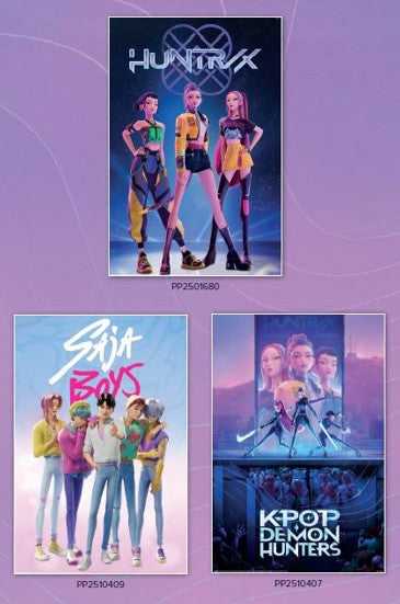 The MTV K-Pop Demon Hunters - 3 Pack & Save features stylized posters: three girls in "Huntrix," five boys in "Sija Boys," and a stage scene in "Kpop Demon Hunters," all on a vibrant purple background.