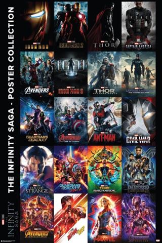 A collage titled "Infinity War Saga" from the MTV 038 brand features large regular posters of Iron Man, Thor, Captain America, The Avengers, and more from the iconic Marvel Cinematic Universe in this Movies & TV Collection.