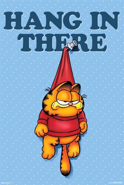 Garfield, the iconic orange cartoon cat, is seen hanging from a thumbtack by his red shirt against a blue polka dot background in our "Garfield - Hang In There" poster. Above him, bold text reads "HANG IN THERE," capturing Garfield's mildly annoyed expression. This whimsical piece from ALT 039's Life & Humour Collection adds a cheerful touch to any space.