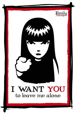 A stylized black-and-white illustration of a girl with long black hair and bangs, pointing directly at the viewer, with the text "I WANT YOU to leave me alone" written below. The background is white with a red and black border, and "Emily the Strange" displayed in the top corner. This piece is part of the Alternative Poster series by ALT 052, featuring premium 150gsm gloss paper from Life & Humour. The artwork titled "Emily the Strange Leave Me Alone" exemplifies edgy creativity.