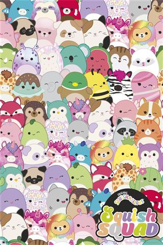A vibrant and bustling Squishmallows - Squish Squad poster from KID 055 displays an assortment of plush toy characters with round shapes and unique designs, including animals and fantasy creatures. This Large Regular Poster features the eye-catching "Squish Squad" logo in the bottom right corner, making it a perfect addition to any kids' collection.