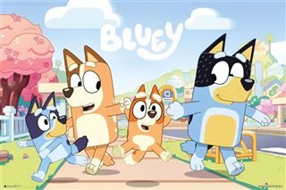 A colorful animated image from the "Bluey - Street" collection by KID 003 depicting a family of cartoon dogs dancing outside on a sunny day. From left to right: a small blue dog, an orange dog, a small orange puppy, and a blue dog with black markings. The word "Bluey" is visible in the sky—perfect for any Kids TV Poster or Movies & TV Collection.