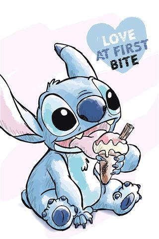 A blue, cartoon alien with large ears joyfully licks an ice cream cone. The alien is sitting down and wearing a big smile. A heart-shaped graphic in the background contains the words, "LOVE AT FIRST BITE." This Lilo & Stitch Love at First Bite Anime Poster from our KID 033 brand Movies & TV Collection is printed on premium 150gsm gloss paper.
