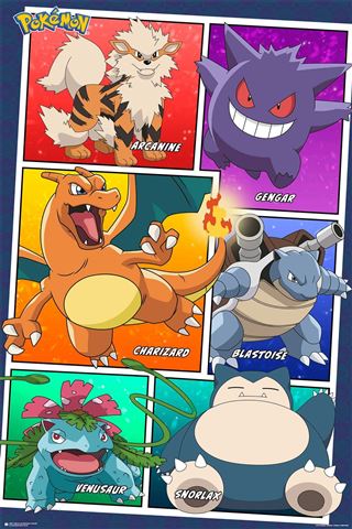 Introducing the vibrant "Pokemon Characters Grid 2" Anime Poster by MTV 004, printed on premium 150gsm gloss paper. This eye-catching poster showcases six iconic Pokémon in a colorful grid: Arcanine (a striped, wolf-like Pokémon), Gengar (a purple ghost-like Pokémon), Charizard (a dragon-like Pokémon with flames), Blastoise (a turtle-like Pokémon with water cannons), Venusaur (a plant/frog-like Pokémon with a giant flower).