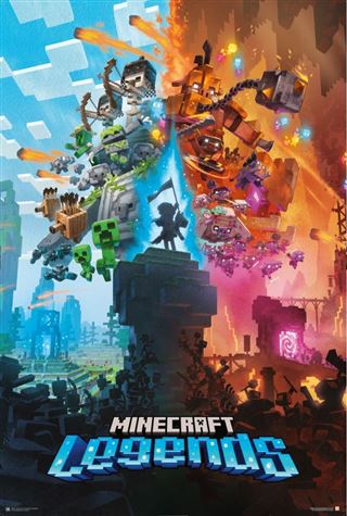 Promotional image for **Minecraft - Legends** by **GAM 005**. A shadowed figure stands at the center on a stone pedestal, flanked by blue and orange mobs. The left side showcases a blue sky with Minecraft creatures, while the right side displays orange fire and adversaries. Part of a premium 150gsm gloss paper gaming collection, the title "**Minecraft - Legends**" is prominently displayed at the bottom.