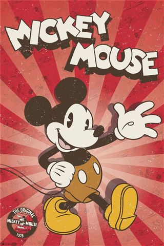 A retro-style "Mickey Mouse - The Original" poster by MTV 037 showcases a smiling Mickey waving with one hand, dressed in his iconic red shorts, yellow shoes, and white gloves. The background features a striking red and beige radial pattern with "Mickey Mouse" written at the top, making it an ideal addition to any Movies & TV Collection.