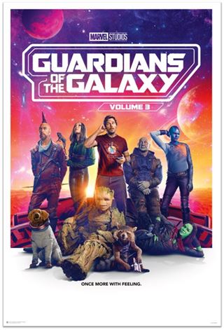 Poster for "Guardians Of The Galaxy - Once More With Feeling" by MTV 150, depicting the main characters standing together against a vibrant cosmic backdrop. The text includes "Marvel Studios Guardians of the Galaxy Volume 3" at the top and "Once more with feeling." at the bottom. This is an essential addition to any Marvel MCU poster collection for your Movies & TV memorabilia.