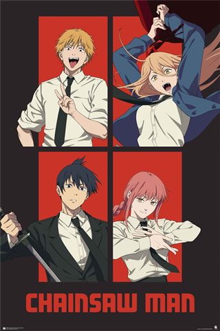 MTV 369's Chainsaw Man - Panels poster showcases four characters in individual panels: a blond-haired male with a peace sign, a blond-haired female holding a hammer, a dark-haired male with a sword, and a pink-haired female making a hand gesture. The title 'Chainsaw Man' is prominently displayed at the bottom.