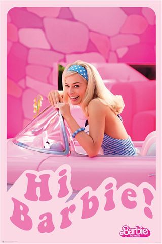 A blonde woman dressed in a blue striped outfit smiles and waves while sitting in a pink convertible car. The background features pink decor with stone-like patterns. The text "Hi Barbie!" is prominently displayed at the bottom in a playful pink font, just like on the Barbie Movie - Hi Barbie poster by MTV 259, printed on premium 150gsm gloss paper.