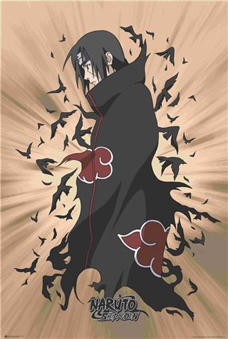 An anime poster titled "Naruto - Itachi" by MTV 123 showcases a character with long, dark hair and a serious expression, cloaked in black with red clouds. Dark birds appear to emerge from his cloak, adding to the dynamic scene set against a radiant burst background, capturing an iconic moment from "Naruto Shippuden.