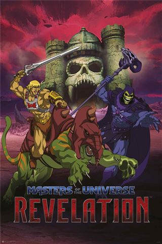 He-Man rides Battle Cat to face Skeletor before Castle Grayskull under a red sky in this striking Anime Poster from the Movies & TV Collection. Featuring the "Masters of the Universe Revelation" logo by MTV 390.