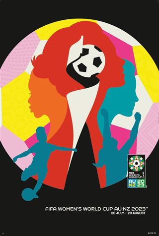 The Fifa Womens World Cup Official Event 2023 poster by SPO 055 is a vibrant addition to our exclusive sport collection. It showcases colorful silhouettes of female players in action and prominently includes the tournament dates "20 July - 20 August," along with the host locations "AU" (Australia) and "NZ" (New Zealand).