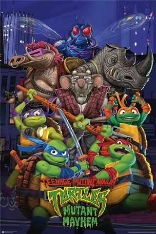 Promotional poster for "TMNT - Mutant Mayhem Movie" by MTV 281, showcasing the four turtles—Leonardo, Raphael, Donatello, and Michelangelo—in dynamic stances with their weapons poised. Printed on premium gloss paper as part of the exclusive Movies & TV Collection. Additional characters such as a rat and various mutants appear in the background.