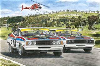 The "Mike Harbar - Ford Bathurst 1-2 1977" by CAR 001 captures two race cars adorned with striking Ford branding and blue, red, and white racing stripes speeding side by side on a racetrack. Overhead, a red helicopter soars against the backdrop of "MOUNT PANORAMA" etched into a hillside surrounded by trees and greenery. This premium Motor Sport Poster is printed on high-quality 150gsm gloss paper.