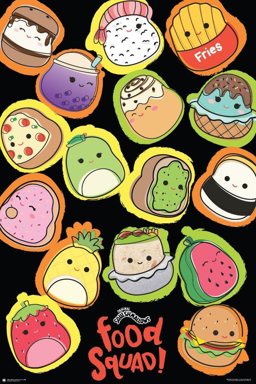 Illustration of various cute, anthropomorphized foods with smiling faces. Items include a boba drink, sushi, burrito, avocado, fries, ice cream, and a hamburger. The text "Squishmallows - Food Squad" is displayed at the bottom in playful lettering. Part of our KID 001 range on premium 150gsm gloss paper.