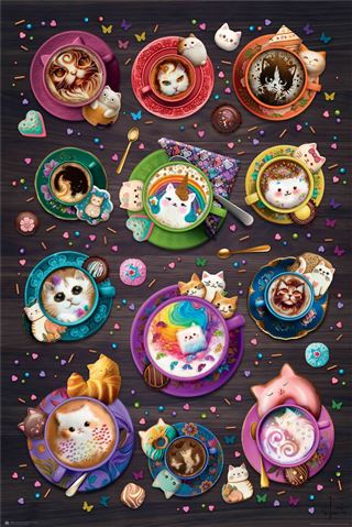 A colorful array of Brigid Ashwood - Cat Latte cups and saucers, each filled with latte art depicting various cat faces. The table is sprinkled with confetti, cookies shaped like cats, and vibrant donuts. The whimsical scene is enhanced by small decorative items such as mini cat figurines and marshmallows—perfect for a Humour Poster from the Life & Humour Collection by ALT 005.