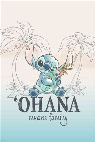 A cute blue alien character (Stitch) is sitting while hugging a small green doll (Scrump) on a pastel background with minimalistic palm tree outlines. The phrase "OHANA means family" is written below the characters, perfect for any Kids TV Poster collection. Introducing **Lilo & Stitch - Ohana** from **KID 040**.