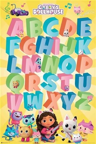 Introducing the EDU 054 "Gabby's Dollhouse - Alphabet" School Basics Poster! This vibrant poster showcases the letters A to Z, each accompanied by characters from the beloved children's show "Gabby's Dollhouse." Featuring Gabby and adorable cat characters in playful poses around each letter, all set against a bright yellow backdrop. Printed on premium 150gsm gloss paper, it’s a delightful and educational addition to any child's school essentials.