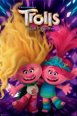 Poster for DreamWorks' "Trolls: Band Together" featuring two colorful troll characters with vibrant hair and wide smiles. Perfect for any Kids Movie Poster collection, the troll on the left has yellow hair and a green scarf, while the troll on the right sports pink hair tied with a blue headband and wears a green dress. Ideal for fans of KID 039's Trolls 3 Poppy & Diva.