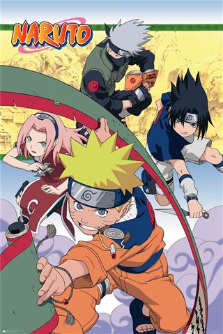 The "Naruto Classic - Team 7" by MTV 401 features an anime-style image with four characters from the series "Naruto." Naruto, dressed in orange, leads the group, followed by Sakura in pink, Sasuke in black, and Kakashi in green. Each character strikes an action pose as they prepare for combat against a stylized backdrop of clouds and mountains.