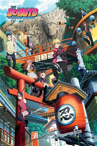 Young ninja characters from "Boruto Next Generations" by MTV 056 pose in a vibrant village with Hokage Rock's carved faces behind them—a striking addition to any Anime Poster collection.