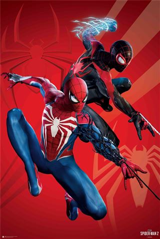 Illustration of two Spider-Man characters from MTV 144's Marvel Gameverse - Spider-man game, perfect for any Movies & TV Collection. One in a red and blue suit and the other in a black and red suit, posed dynamically against a red background with spider logo graphics. The black-suited Spider-Man has an electrified hand.
