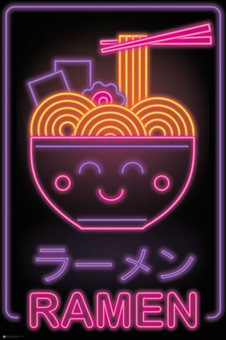 Neon sign of a smiling bowl of ramen with chopsticks lifting noodles, accompanied by traditional ramen ingredients. Japanese characters read "ramen" above the glowing word "RAMEN" at the bottom. The sign features vibrant pink, orange, and yellow colors against a dark background on premium 150gsm gloss paper. Introducing Ramen - Neon by ART 058.