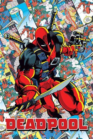 Comic-style illustration of Deadpool holding a knife and a gun, with swords strapped to his back. The background is a collage of various comic book scenes. The word "DEADPOOL" is prominently displayed at the bottom in bold red letters, perfect for any MTV 145 Marvel - Deadpool Comic Covers collection.