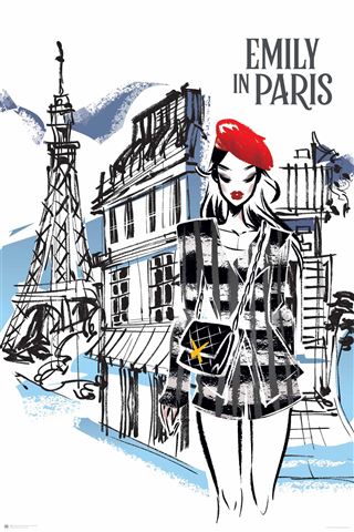 Stylized illustration of a woman in a black and white checkered coat and red beret, holding a purse with a yellow star. Sketch-like drawings of Parisian buildings and the Eiffel Tower form the backdrop. Text in the top right corner reads "EMILY IN PARIS". Perfect for fans of Movies & TV Collection posters. From MTV 309, this artwork is titled "Emily in Paris Sketch".