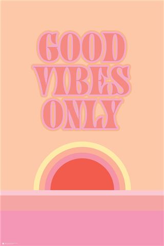 The "Motivational - Good Vibes Only - Sunset" poster by ART 007 showcases the phrase "GOOD VIBES ONLY" in pink retro lettering set against a peach background. It features a sun graphic with pink and orange stripes reminiscent of a sunset, all expertly printed on premium 150gsm gloss paper.