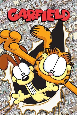 Garfield Retro by MTV features Garfield and Odie bursting through a comic strip backdrop. Garfield grins mischievously with paws outstretched as Odie leaps energetically beside him, while "GARFIELD" is boldly displayed at the top of this vibrant poster.
