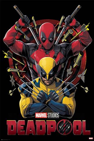 Poster from the MTV 094 collection featuring Marvel characters Deadpool and Wolverine. Deadpool, clad in his red and black suit, stands behind Wolverine, who is dressed in a yellow and blue suit; both are armed with various weapons. The bottom of the poster displays the text "Marvel Studios Deadpool." This piece is part of the Movies & TV Collection and printed on premium 150gsm gloss paper.