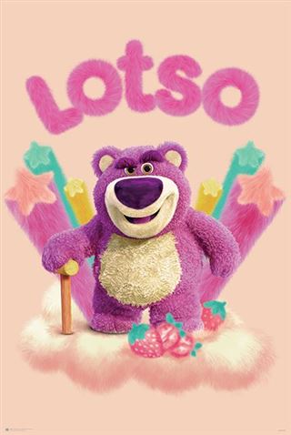 Image of Lotso, a purple teddy bear with a white snout and belly, from Pixar's "Toy Story" series. Lotso holds a wooden cane and stands smiling in front of colorful star popsicles, with strawberries at his feet. The name "Lotso" is written above in fluffy letters on premium 150gsm gloss paper. This is the Toy Story - Lotso by KID 042.