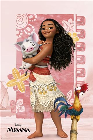 Moana - Moana and Friends by KID 043 features the beloved Disney character Moana standing with a smile, her wavy hair cascading, dressed in her iconic Polynesian attire of a red crop top and cream skirt. She lovingly holds Pua the pig, while Heihei the rooster stands close by. The backdrop is adorned with intricate Polynesian designs in soothing pink tones. Perfect for Kids Movie Posters.