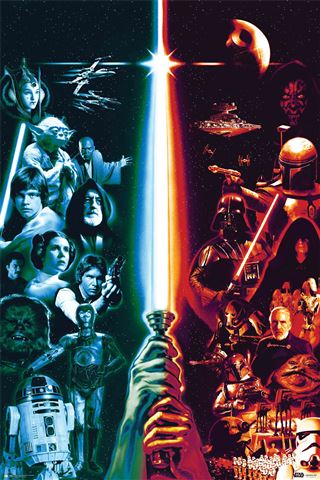 The MTV Star Wars Classic Dark & Light poster shows heroes like Luke, Leia, Yoda, and R2-D2 on the left and villains such as Vader, Boba Fett, and the Death Star on the right, divided by a glowing lightsaber in the center.