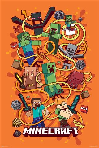 The "Minecraft - Funtage" by GAM 013 is a high-quality Gaming Poster showcasing various characters and elements from the game Minecraft, such as Steve, a Creeper, a Skeleton, Enderman, TNT, and blocks of various ores on an orange background. The Minecraft logo is prominently displayed at the bottom.