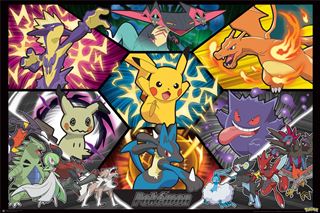 The "Pokemon - Battle" poster by MTV 146 features an anime illustration with various Pokémon characters. Pikachu is centered in the middle, surrounded by Charizard, Gengar, Lucario, Mimikyu, Zoroark, and others. The vibrant background highlights dynamic action poses and effects typical of Japanese animation style.