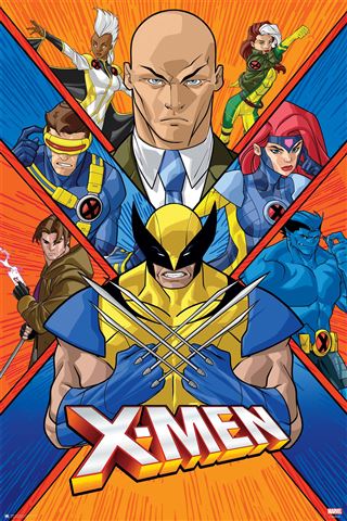 An illustration from the Marvel Comics - X-Men Classic, featuring Professor X at the center surrounded by Storm, Cyclops, Rogue, Gambit, Wolverine, Beast, and Jean Grey. Wolverine is prominently positioned in the front with his claws extended. The "X-Men" logo sits at the bottom of this Marvel MCU poster from the MTV 276 Movies & TV Collection.