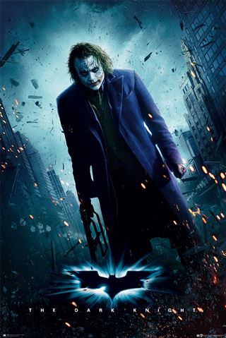 A figure with messy green hair, a white and smeared red face, and dark eye makeup wears a purple long coat and holds a weapon. The background features tall buildings and sparks flying. This MTV 235 poster, titled "The Dark Knight - Joker," is printed on premium 150gsm gloss paper, with a bat symbol above the text "The Dark Knight.