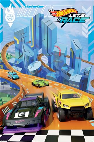 Illustration of colorful KID 058 Hot Wheels - Track cars racing on elevated, twisty tracks with a futuristic cityscape backdrop. Four cars in vibrant colors are speeding towards the viewer, emphasizing action and excitement. This eye-catching Kids Poster promotes "Hot Wheels - Track: Let's Race.