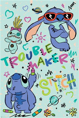 The Lilo & Stitch - Troublemaker by MTV 202 features a colorful image of Stitch from Disney's "Lilo & Stitch" in various poses, wearing sunglasses and holding a crayon. Surrounding him are playful doodles, stars, planets, and the words "TROUBLE MAKER" and "STITCH" in vibrant graffiti-style text. This vibrant artwork is printed on premium 150gsm gloss paper.